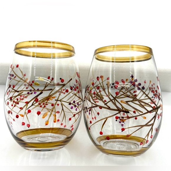 🍁HP! Pair of Pier 1 Harvest Berries Flat Tumblers. Holiday Glasses, 10oz - Picture 3 of 9